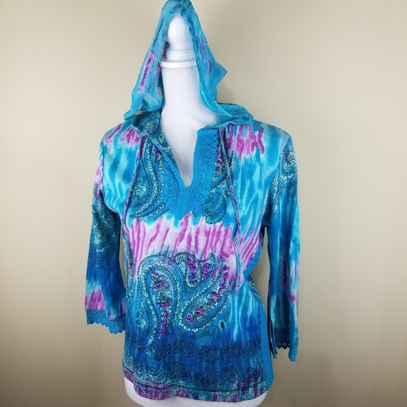 Forbidden Blue Pink Paisley Top with Hood Cotton L - Picture 1 of 7
